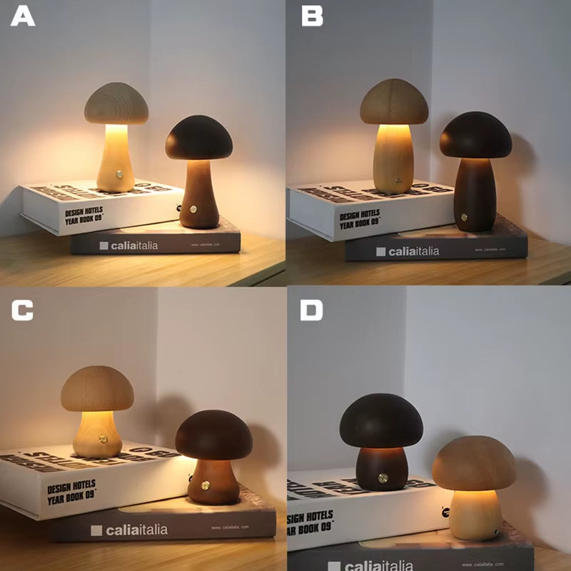 INS LED Night Light with Touch Switch Wooden Cute Mushroom Bedside Table Lamp for Bedroom Childrens Room Sleeping Night Lamps