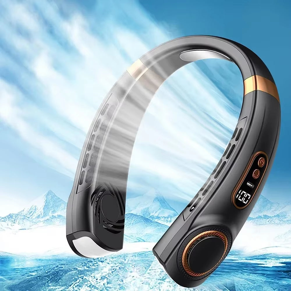 2025 New Hanging Neck Fan Ice Magnet Cooling Portable Neck Fan Type-C Mute Multifunctional Leafless Electric Fan with Light